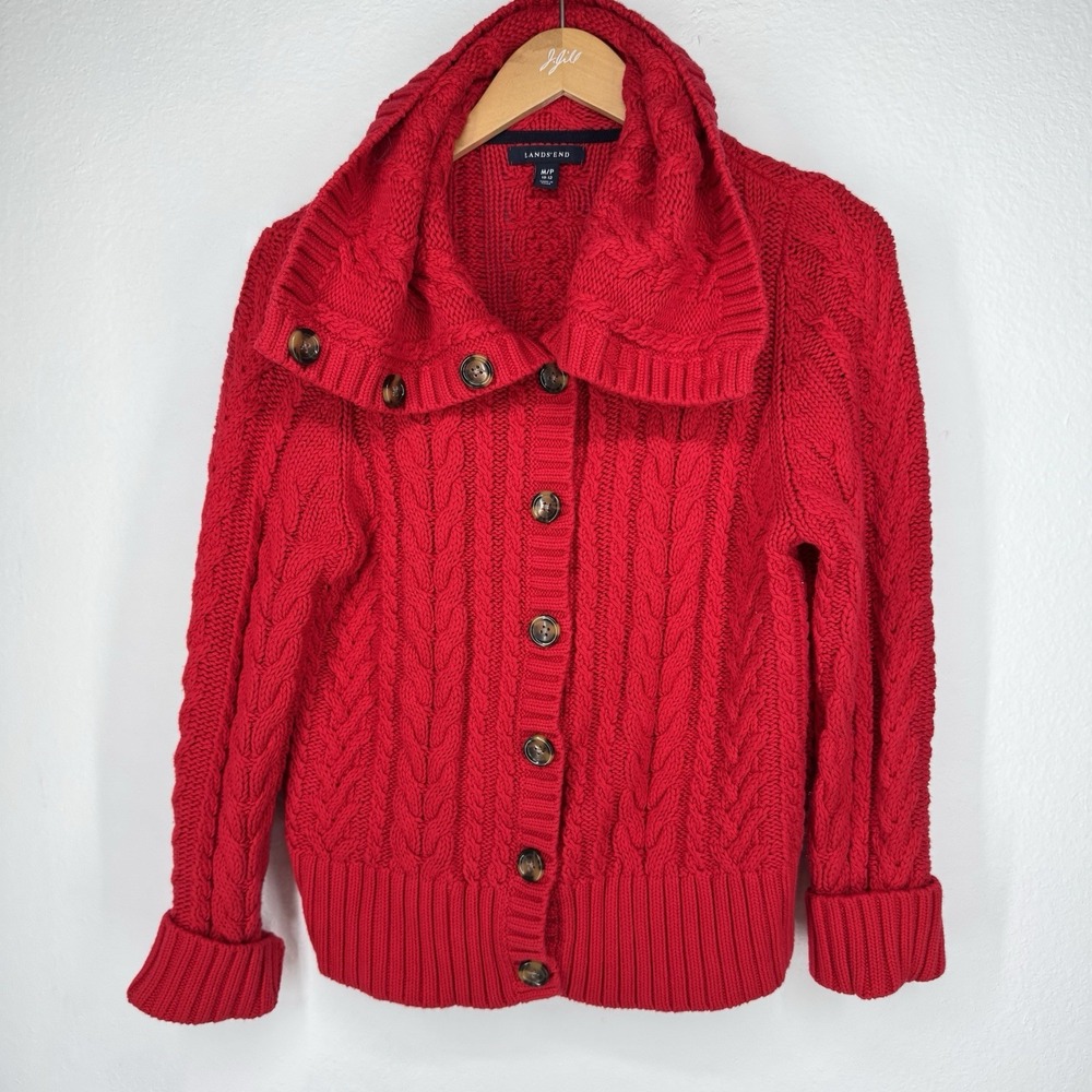 Lands End 3D Cable Knit Cardigan Sweater Womens M Red Fisherman All‎ Over Button